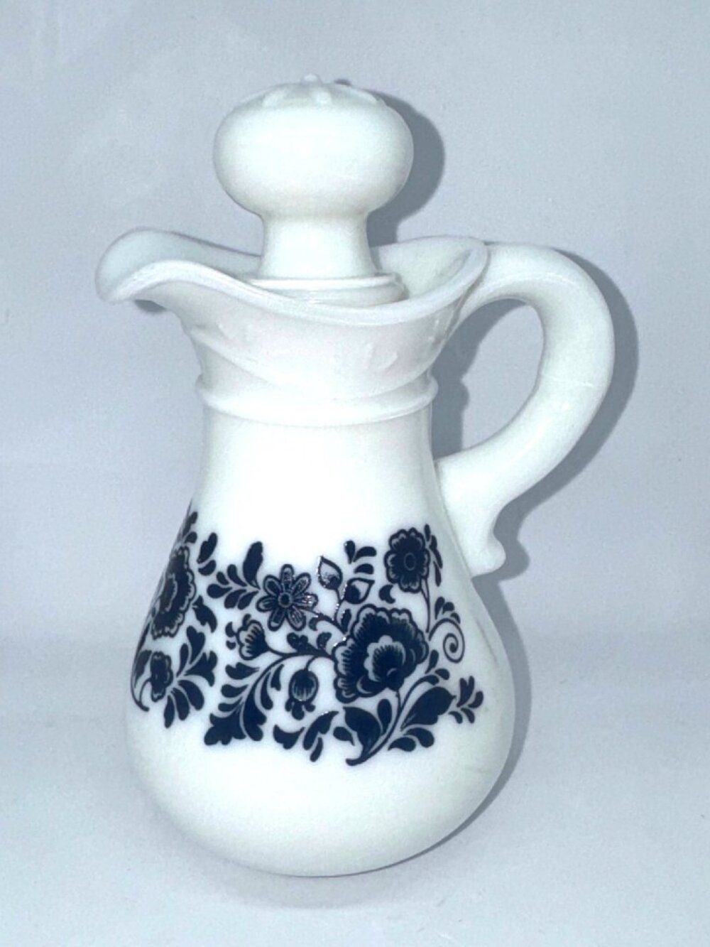 Vintage 1970s Avon Milk Glass Pitcher with Stopper with Deft Blue Floral Pattern - Picture 2 of 8